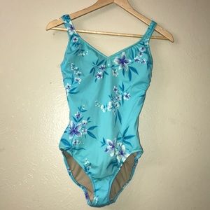 Beach house,blue/white floral swimsuit. Size 12.
